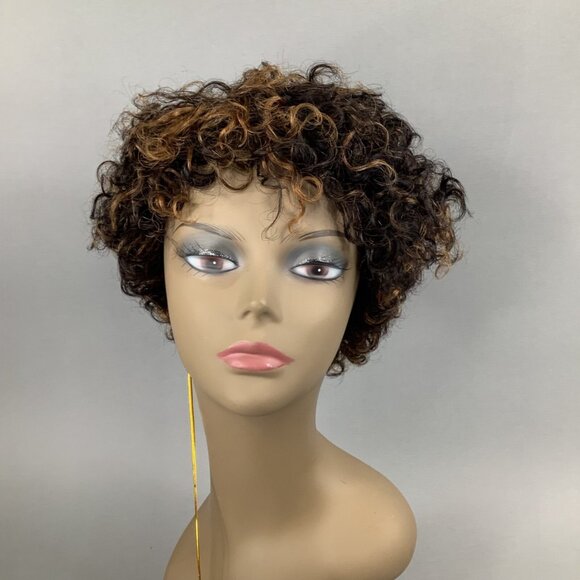 Halo Other - Laura F1B/30 Black & Honey Brown Short Curly 100% Human Hair Wig Adjustable
